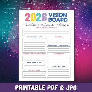 May include: A printable 2026 vision board with a white background and colorful text. The title "2026 VISION BOARD" is at the top, with sections for goals, including "Things I Want to Learn" and "Places I Want to Go." The bottom reads "PRINTABLE PDF & JPG."