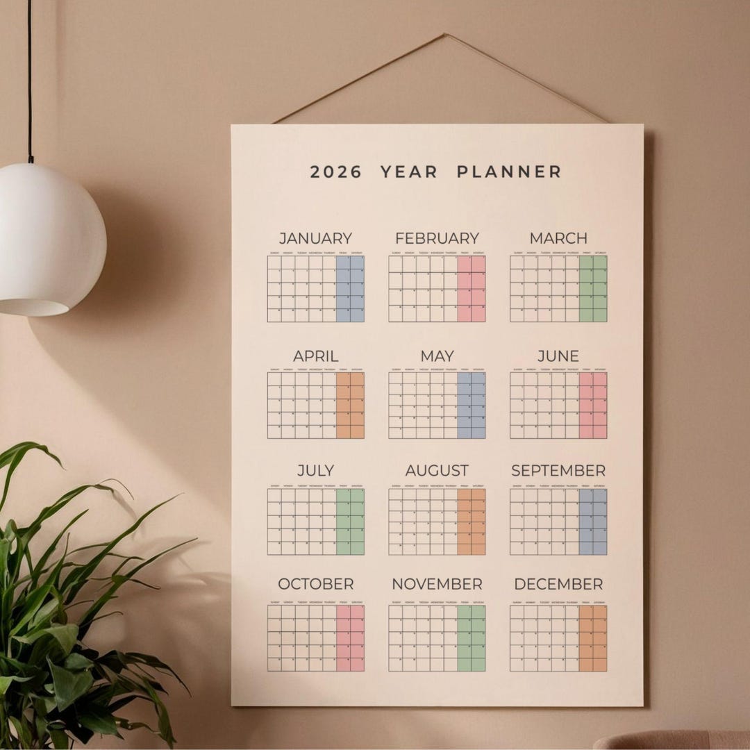 2026 Year Planner Printable | Year at a Glance Wall Calendar | PDF PNG ...