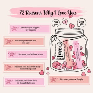 Könnte beinhalten: Eine digitale Illustration mit dem Text "72 Gründe, warum ich dich liebe". Ein Glasgefäß ist mit herzförmigen Notizen gefüllt, mit Sätzen wie "Weil du meine Träume unterstützt". Rosa und weißes Farbschema mit Herzen und Sprechblasen.