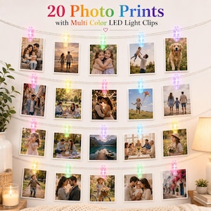 20 Multicolour LED Photo Clip String Lights with 20 Custom 4x6 Photo Prints Personalised Memory Display Led Light Bedroom Wall Decor Gift