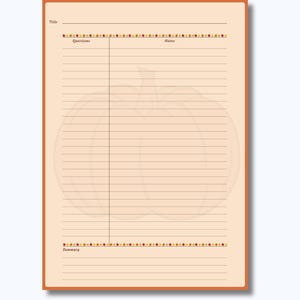 May include: A Cornell notes page template in A4 size with a light orange background and a dark orange border. The page features a faint pumpkin watermark, horizontal lines, and decorative autumn leaf dividers. Text includes Title, Questions, Notes, and Summary.
