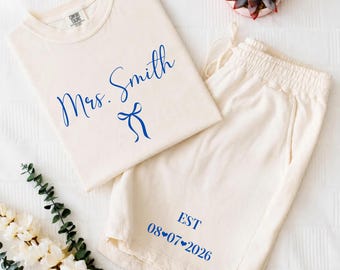 Comfort Colors Custom Mrs. Tshirt & Short Set for Bride, Bridesmaid Tees, Bride Shirt Short Set, Outfit for Brides, Engagement Gift for Her