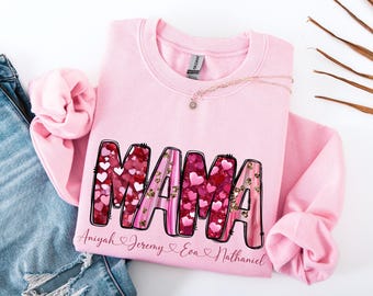 Mama Valentines Day Sweatshirt: Personalized Valentine's Day Gift for Mom, Mama Sweatshirt with kids names, Valentines Mom Hoodie