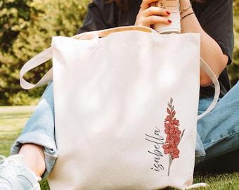 Personalized Tote Bag, Birth Flower Gift, Birthday Gift For Her, Canvas Tote Bags, Reusable Bag, Shopping Canvas Bag, Gift For Her