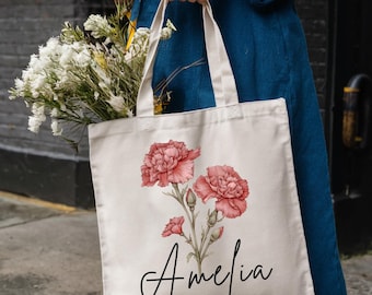 Birth Flower Tote Bag for Woman, Personalized Canvas Tote Bag for Her, Bachelorette Bridesmaid Gifts, Custom Birth Month Flower Gift for Her