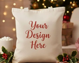 Weihnachten Tragetasche Mockup, weiße Tragetasche, Urlaub Tragetasche Mockup, Weihnachtsgeschenk Mockup, festlicher Lebensstil Mockup, Winter Produkt Mockup