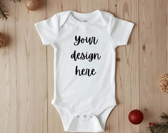 Weihnachten Baby Strampelanzug Mockup: Rustikale Urlaub Wohnung Lag (JPG Digital Download)