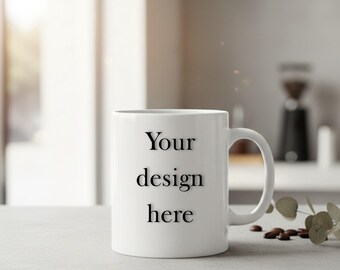 Weiße Keramiktasse Mockup | Minimales Kaffeetassen Mockup | Moderner Arbeitsplatz Becher Mockup | 11 Unzen Becher Mockup |