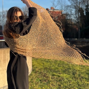 Szal z cekinami w kolorze płynnego złota, bardzo duży bawełniany szal wieczorowy, 2-metrowy szalik w kolorze kamelowego złota, błyszcząca, duża szal ślubna, luksusowa peleryna boho