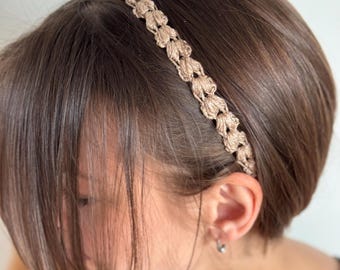 Gehaakte hoofdband lurex mokka, cadeau voor haar, dunne haarband handgemaakt, boho vlecht hoofdband België