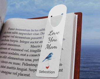 Personalized Mom Mothers Day Gift Bookmark, Custom Name, Blue Bird of Happiness Metal Bookmark For Women, Love Reading, Custom Readers Gift