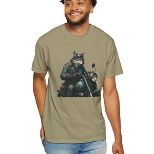 Comfort Colors Biker Wolf Unisex Shirt, Animal Riding Motorbike Garment Dyed, Funny Steampunk T Shirt, Wolf Lover Gift, Fursona Cotton Tee image 1
