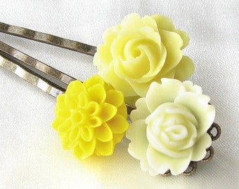 Cute Flower Bobby Pin Set of 3, Cream Yellow Hair Pins Accessories, Girls Teen Women Birthday Gift, Rose Chrysanthemum Dahlia Mum Lotus