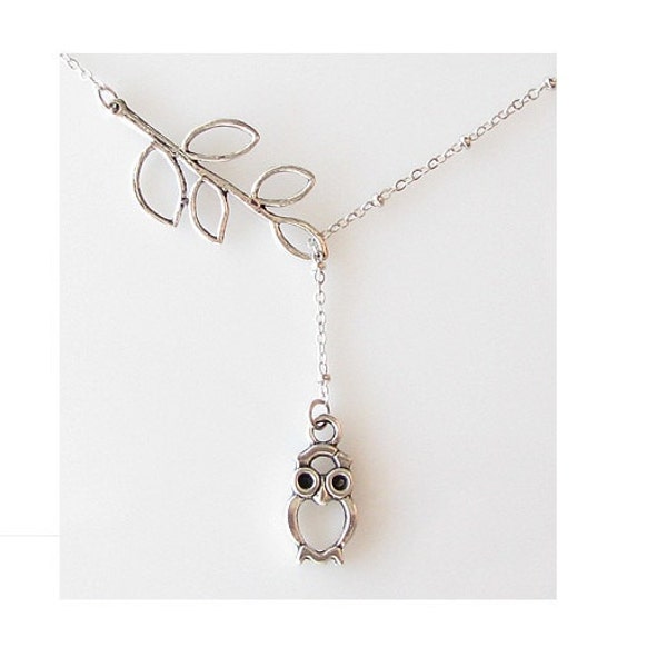kleine Eule Halskette, niedliche Eule Schmuck, Halskette Silber Lasso, Eule Schmuck, Branch Halskette, Blatt Halskette Lariat, Eule Schmuck Natur, Silber
