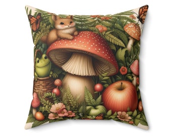 Mushroom Home Decor Pillow And Cover, Cottagecore Living Room Bedroom, Decorative Throw Pillow, Forestcore Aesthetic Square Pillow And Case