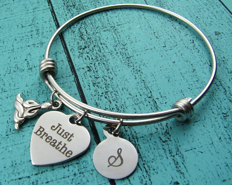 inspirational jewelry encouragement cancer survivor gift addiction recovery meditation gift for yoga girl mama SALE just breathe bracelet