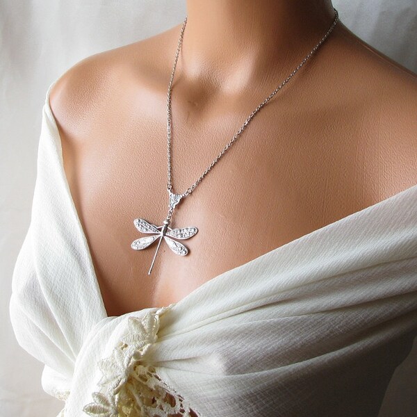 Zilveren dragonfly ketting bruidsmeisje cadeau, lange ketting, dragonfly sieraden ketting, antieke zilveren ketting, bug insect dierlijke sieraden