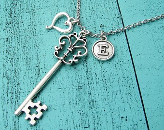 Long Key Necklace, Valentine's Day Personalized Gift for Women Wife Girlfriend Best Friend, Initial Jewelry, Bridesmaid Gift, Skeleton Key