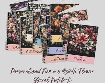 Personalized Birth Flower Name Spiral Journal, Mother's Day Customized Gifts, Floral Nature Notebook for Her Women,  Cottagecore Aesthetic