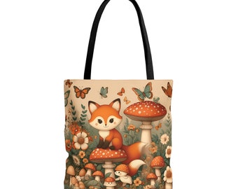 Fox Mushroom Tote Bag, Forest Boho Cottagecore Book School Work Bag, Vintage Forestcore Shoulder Carryall, Casual Day Bag, Nature Lover Gift