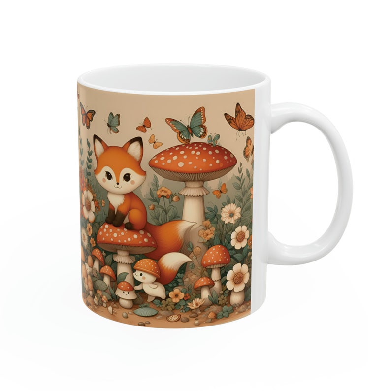 Fox Mushroom Mug, Vintage Cottagecore Coffee Mug, 11oz 15oz Ceramic Tea Mug Forest Animal Nature Lover Gift, Botanical Fungi Plant Aesthetic image 1