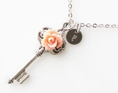 personalized rose key necklace, long necklace, peach flower rose jewelry, personalized jewelry, romantic, antique silver