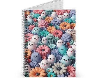 Kawaii Notebook, Ghost Spiral Notebook, Spooky Floral Journal, For School Work Journaling Day Diary, Ruled Line Planner, Sketchbook Doodle