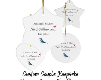 Personalized Couples Gift Keepsake Ornament, Blue Bird Wedding Gift Bride Groom Him Her, Engagement Anniversary, Custom Family Name Year