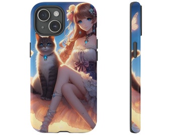 Anime iPhone Case, Cute Kawaii Girl with Cat Tough Phone Case, Cartoon iPhone 15 14 13 12 Pro Max Case, Samsung S23 S21, Pixel 8 7 6 Case