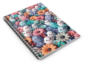 Kawaii Notebook, Ghost Spiral Notebook, Spooky Floral Journal, For School Work Journaling Day Diary, Ruled Line Planner, Sketchbook Doodle