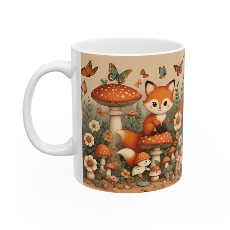 Fox Mushroom Mug, Vintage Cottagecore Coffee Mug, 11oz 15oz Ceramic Tea Mug Forest Animal Nature Lover Gift, Botanical Fungi Plant Aesthetic image 2