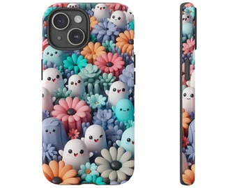 Kawaii Ghost Phone Case, Cute Spring Floral Phone Cover, Spooky Ghost Halloween, For iPhone 15 14 13 12, Pixel 8 7 6, Samsung S23 S21 Case