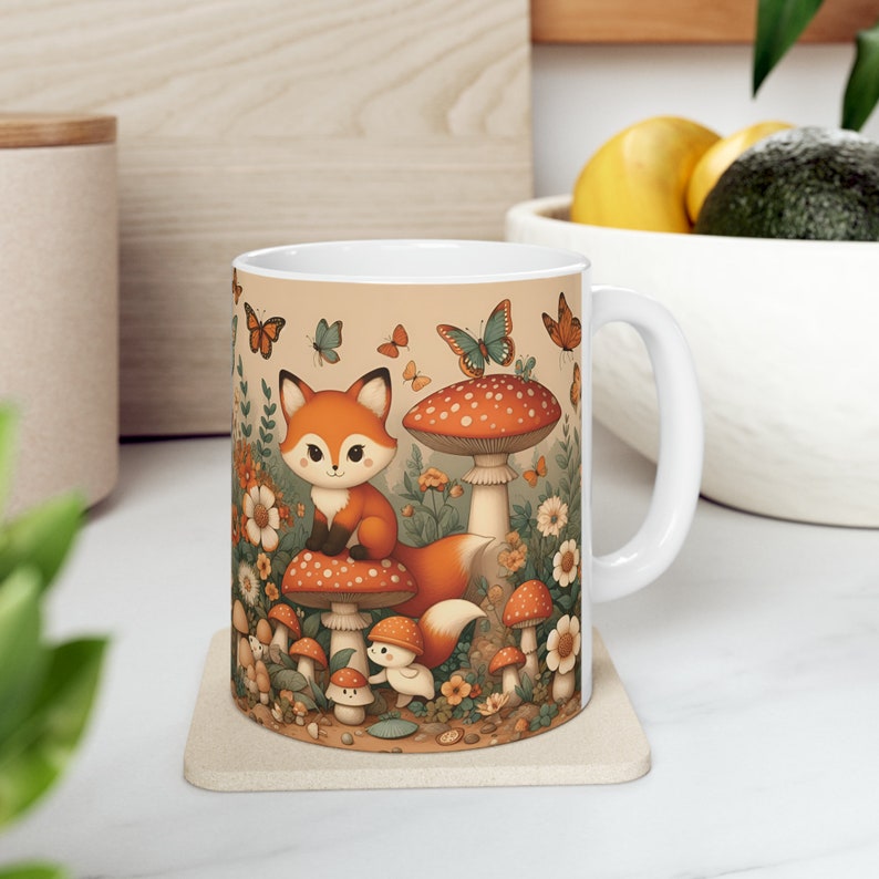 Fox Mushroom Mug, Vintage Cottagecore Coffee Mug, 11oz 15oz Ceramic Tea Mug Forest Animal Nature Lover Gift, Botanical Fungi Plant Aesthetic image 7