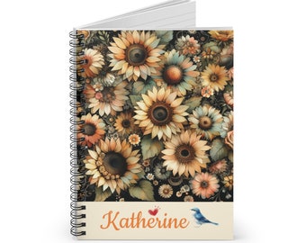 Personalized Name Sunflower Gifts, Spiral Journal with Pocket, Vintage Cottagecore Spring Nature, Custom Floral Notebook, Lined Sketchbook