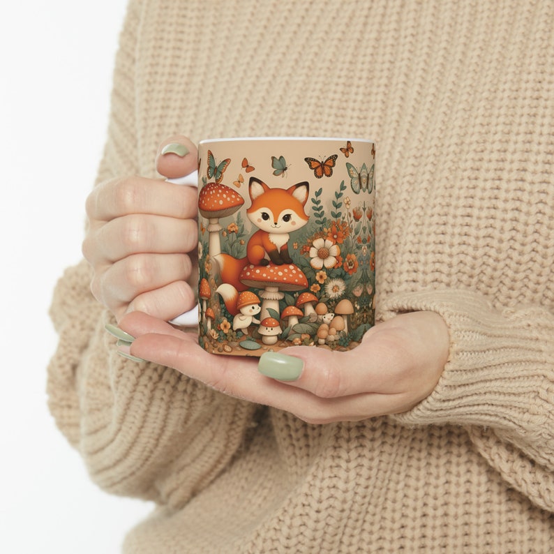 Fox Mushroom Mug, Vintage Cottagecore Coffee Mug, 11oz 15oz Ceramic Tea Mug Forest Animal Nature Lover Gift, Botanical Fungi Plant Aesthetic image 6