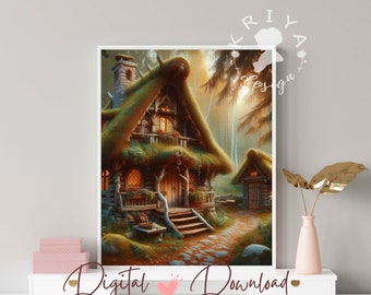 Cottage Print Download, Cottagecore Digital  Painting Fairytale Decor, Fantasy Mythical Magic Forest Wall Art, Mystical Whimsical Printable