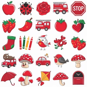 May include: A selection of red cartoon illustrations. The image features an apple, ladybug, rose, fire engine, stop sign, strawberries, chilli pepper, tomato, Christmas stocking, crayons, bird, car, mushroom, umbrella, kite, and mailbox.