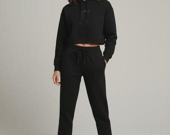 Stonehenge Textures Black Monolith Tracksuit Set – Cropped Hoodie & Joggers | Minimalist Luxury Womenswear
