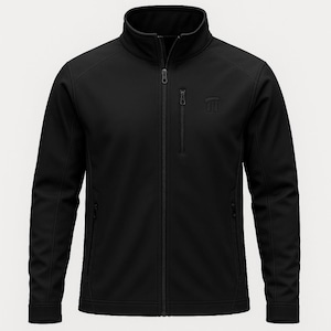 May include: A black jacket with a full-length zipper, a stand-up collar, and a small chest pocket. The jacket has a subtle logo on the upper left chest and two side pockets with zippers. The jacket is made of a smooth, matte material.