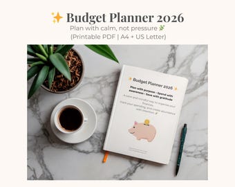 Pode incluir: Um caderno branco Budget Planner 2026 com um gráfico de cofrinho, uma caneta e uma xícara de café em uma superfície de mármore. O caderno tem o texto "Planeje com calma, sem pressão."