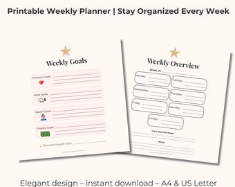 Minimalist Weekly Planner Printable, Goal Tracker, To-Do List, Productivity Planner (Digital Download)