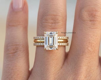 Emerald Cut Lab Grown Diamond Engagement Ring Set Solid Gold Double Pave Band Minimalist Bridal Wedding or Anniversary Jewelry Gift for Her