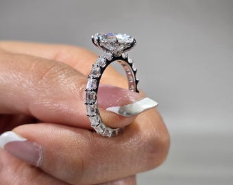 Unique Marquise Cut Lab Grown Diamond Engagement Ring Side Baguette Solitaire Proposal Wedding Bridal Jewelry Handmade Gift for Women