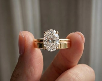 Oval Cut Lab Grown Diamond Engagement Ring Set Thick Gold Wedding Band Solitaire Bridal Ring Set Minimalist Statement Bridal Jewelry Gift