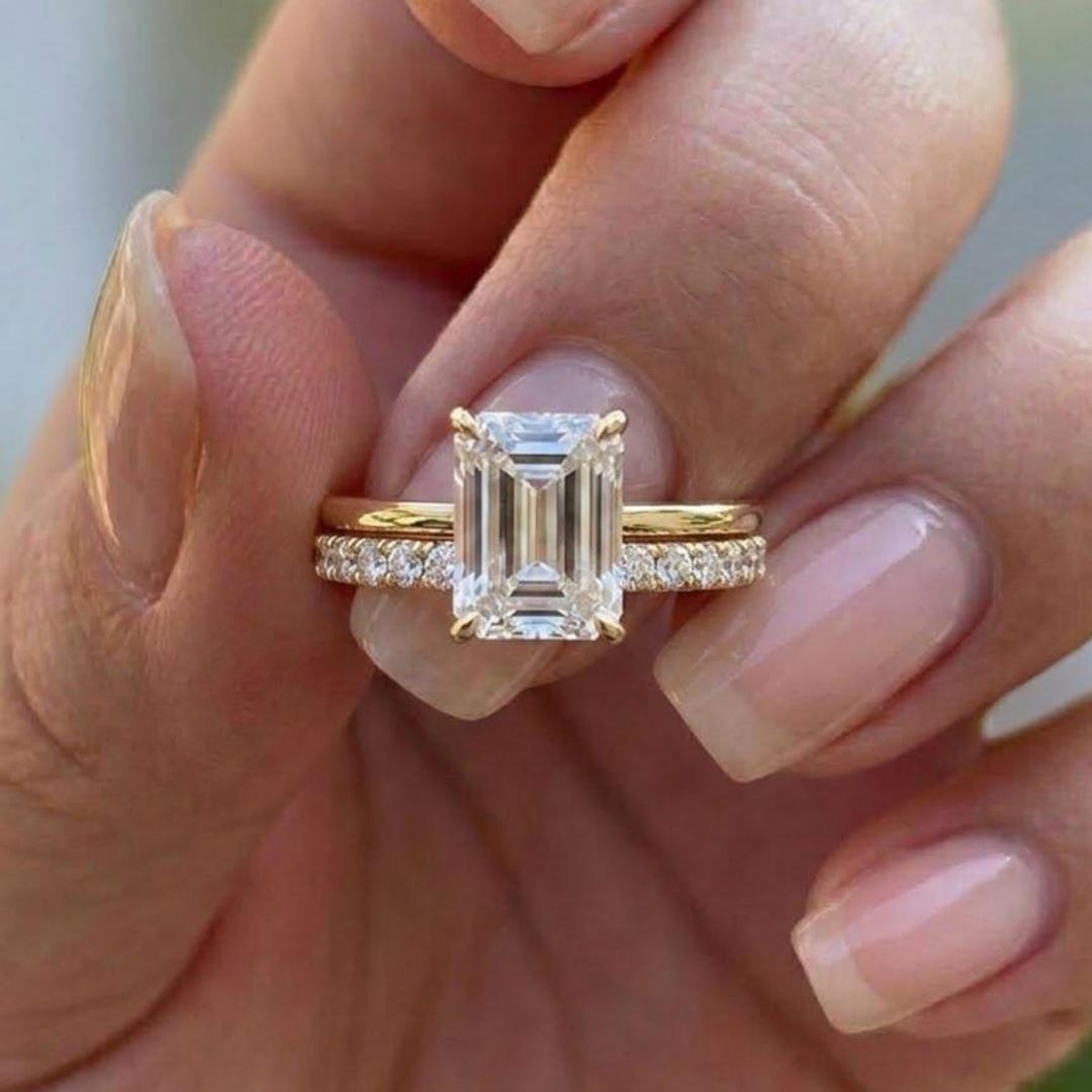 Emerald Cut Lab Grown Diamond Wedding Bridal Ring Set With Gold Pave ...