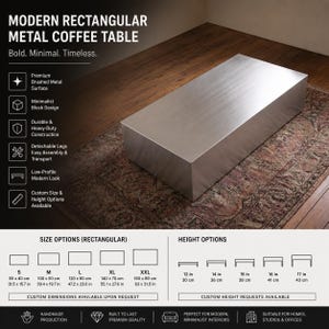 Minimalist Rectangular Metal Coffee Table – Modern Low Profile Block Table, Brushed Steel Industrial Center Table, Custom Size Furniture
