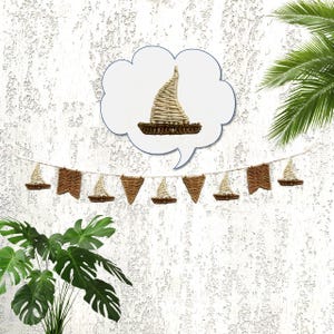 May include: A decorative banner featuring woven sailboat shapes in shades of brown and beige. The banner includes various shapes, including pennants and flags, strung together on a thin white cord. A larger sailboat illustration is in a speech bubble.