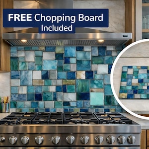 Blue Mosaic Glass Kitchen Backsplash Tempered Tile Effect Panel with Free Chopping Board