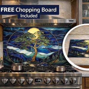 Stained Glass Kitchen Backsplash, Moonlit Forest Splashback with Free Chopping Board