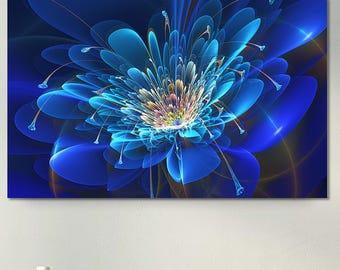 Cuadro decorativo abstracto floral azul en vidrio templado para sala de estar, dormitorio u oficina moderna.